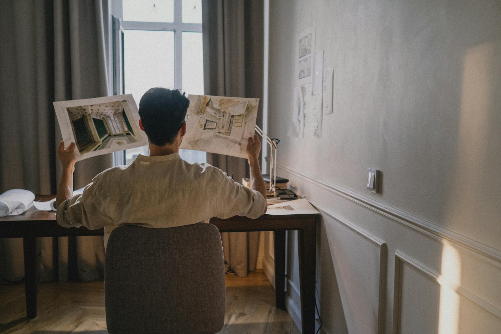 Architect in home office examining blueprints under natural light, showcasing creative workspace.